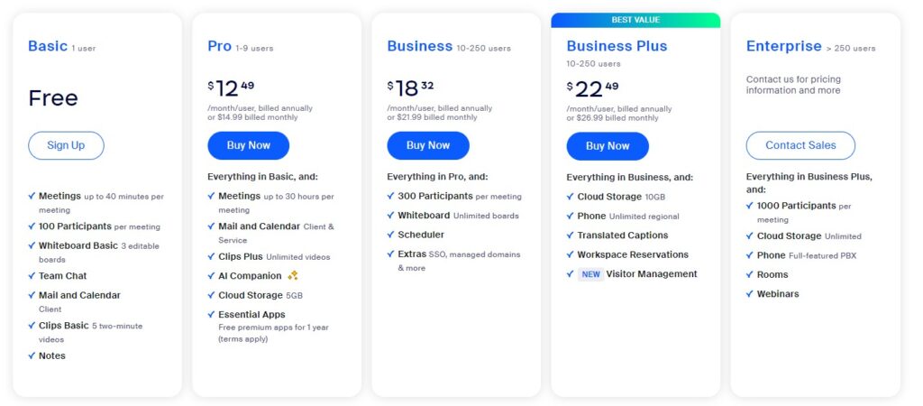 Zoom pricing plans