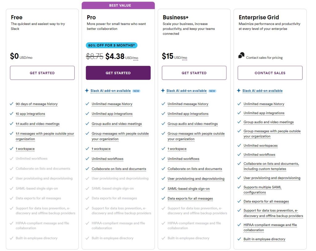 Slack pricing plans