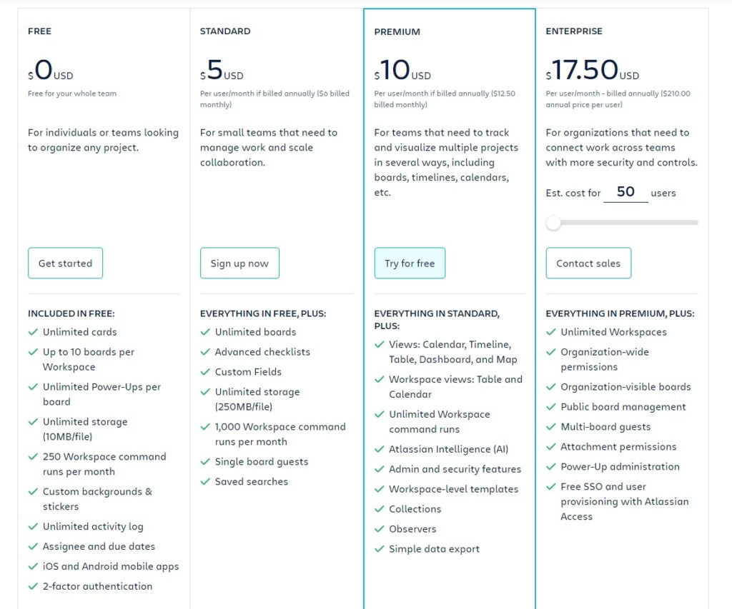 Trello pricing plans