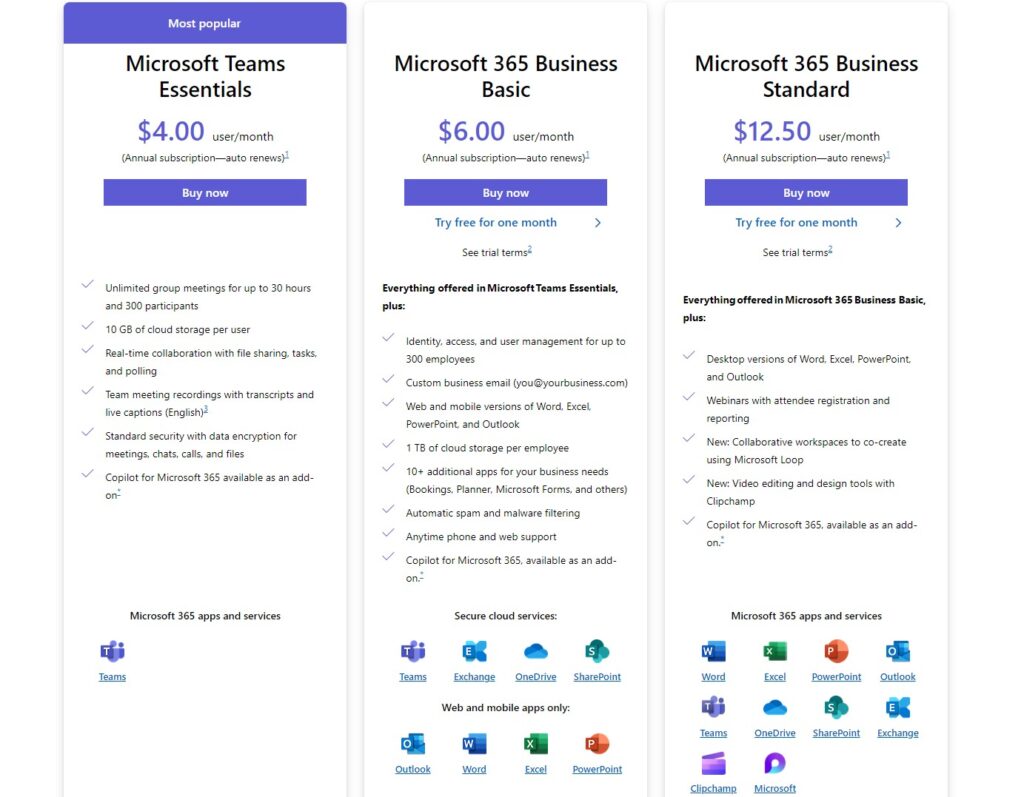 Microsoft Teams pricing plans