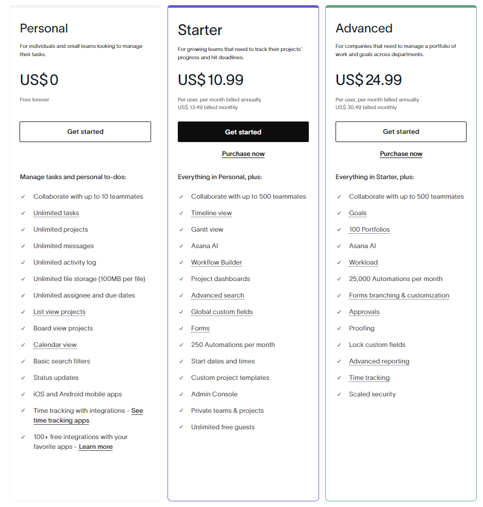 Asana pricing plans