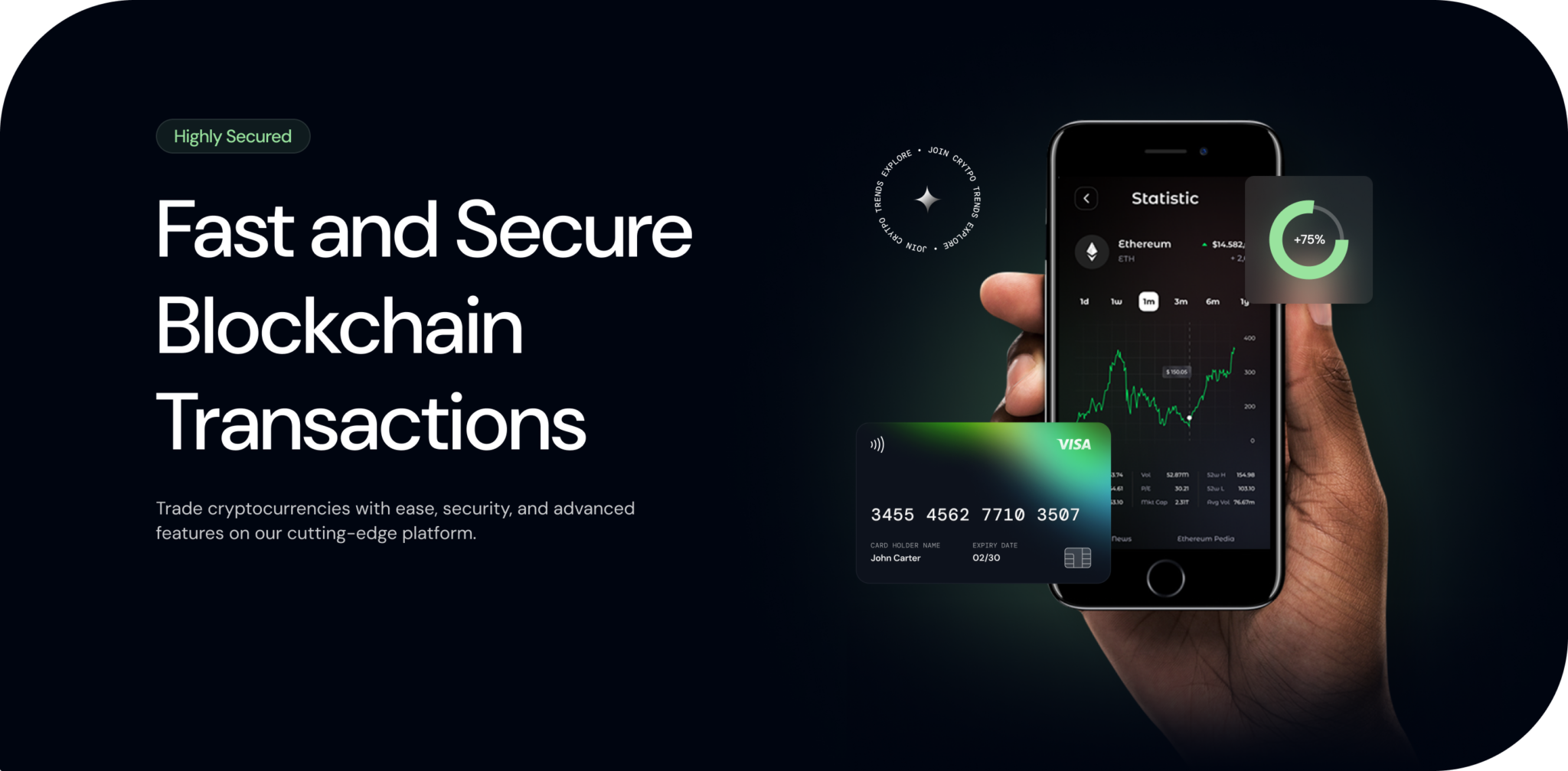 A hand holding a phone with a blockchain mobile app open