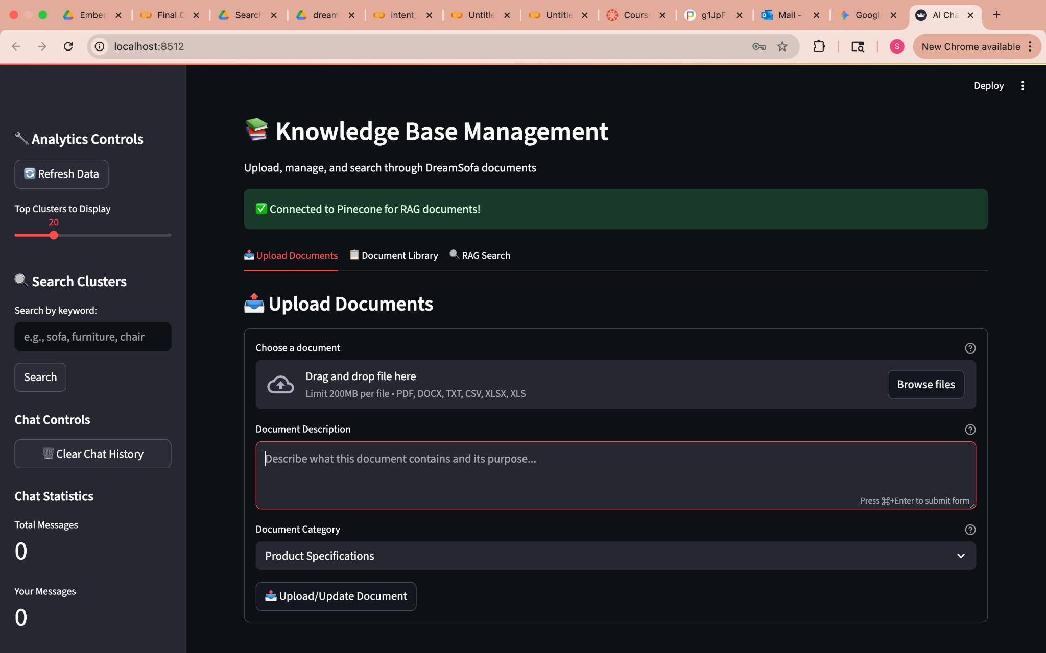 Knowledge Base management interface showing governed uploads, description fields, categories, and RAG search functionality