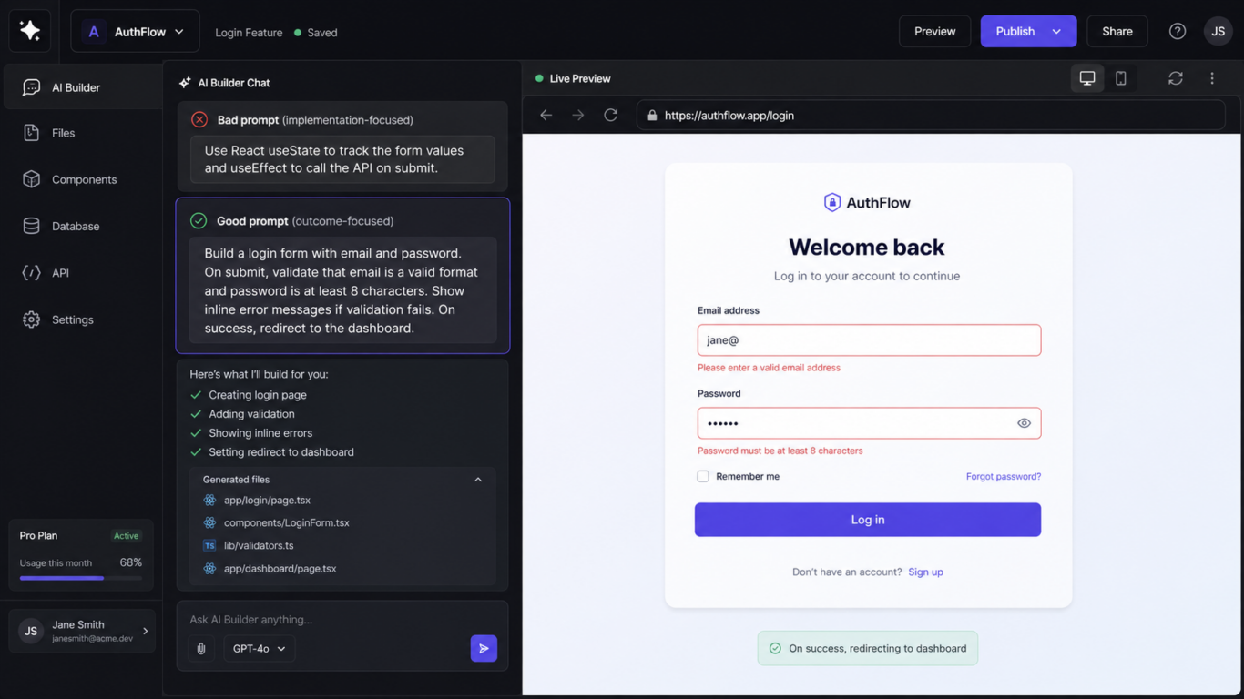 AI prompt example showing clear outcome request for app login page