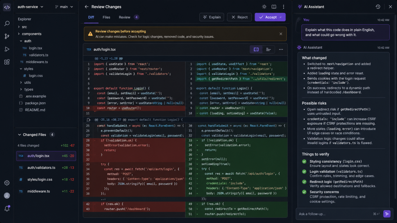 Code review panel showing AI-generated file changes before approval