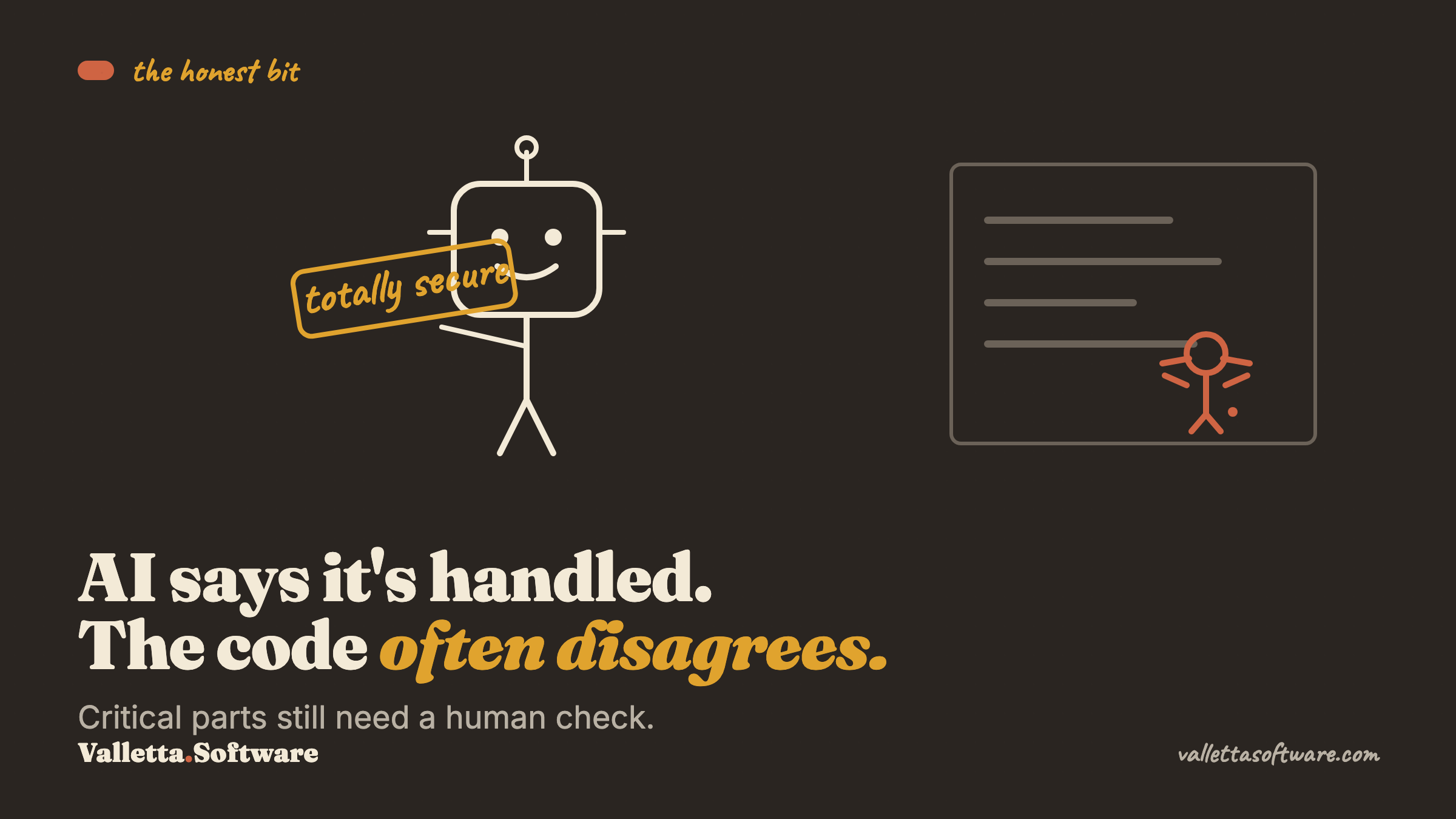 A robot holding a totally secure sign next to code that contains a hidden flaw, illustrating that AI says it is handled while the code disagrees