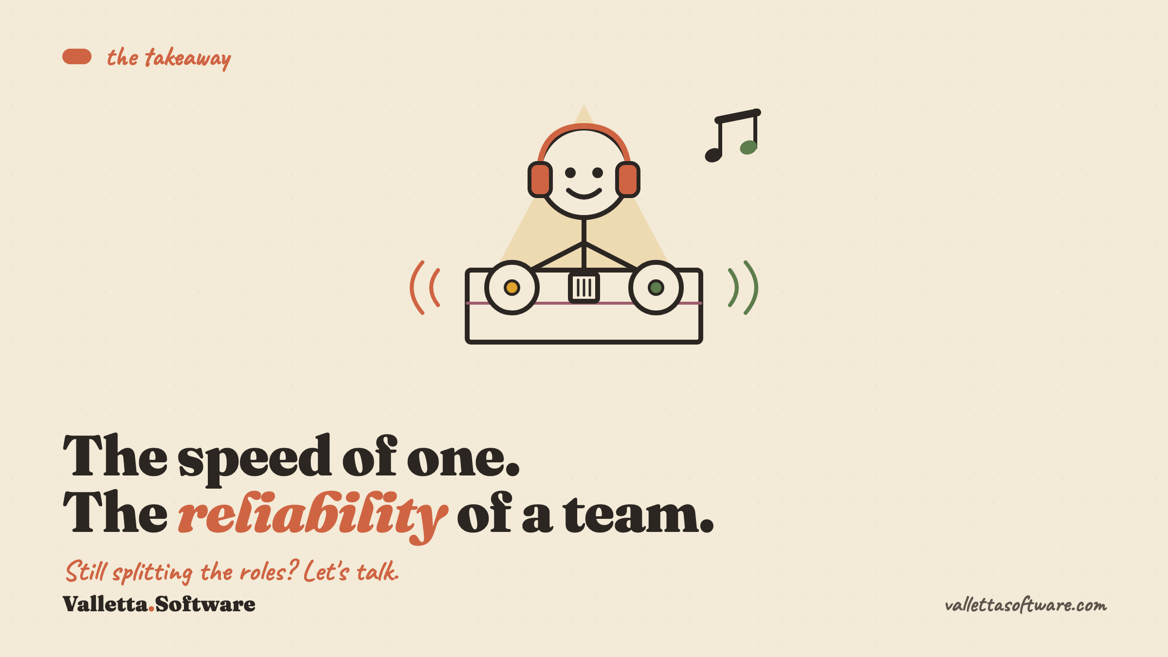 A developer at a mixing desk like a DJ, representing the speed of one person with the reliability of a team