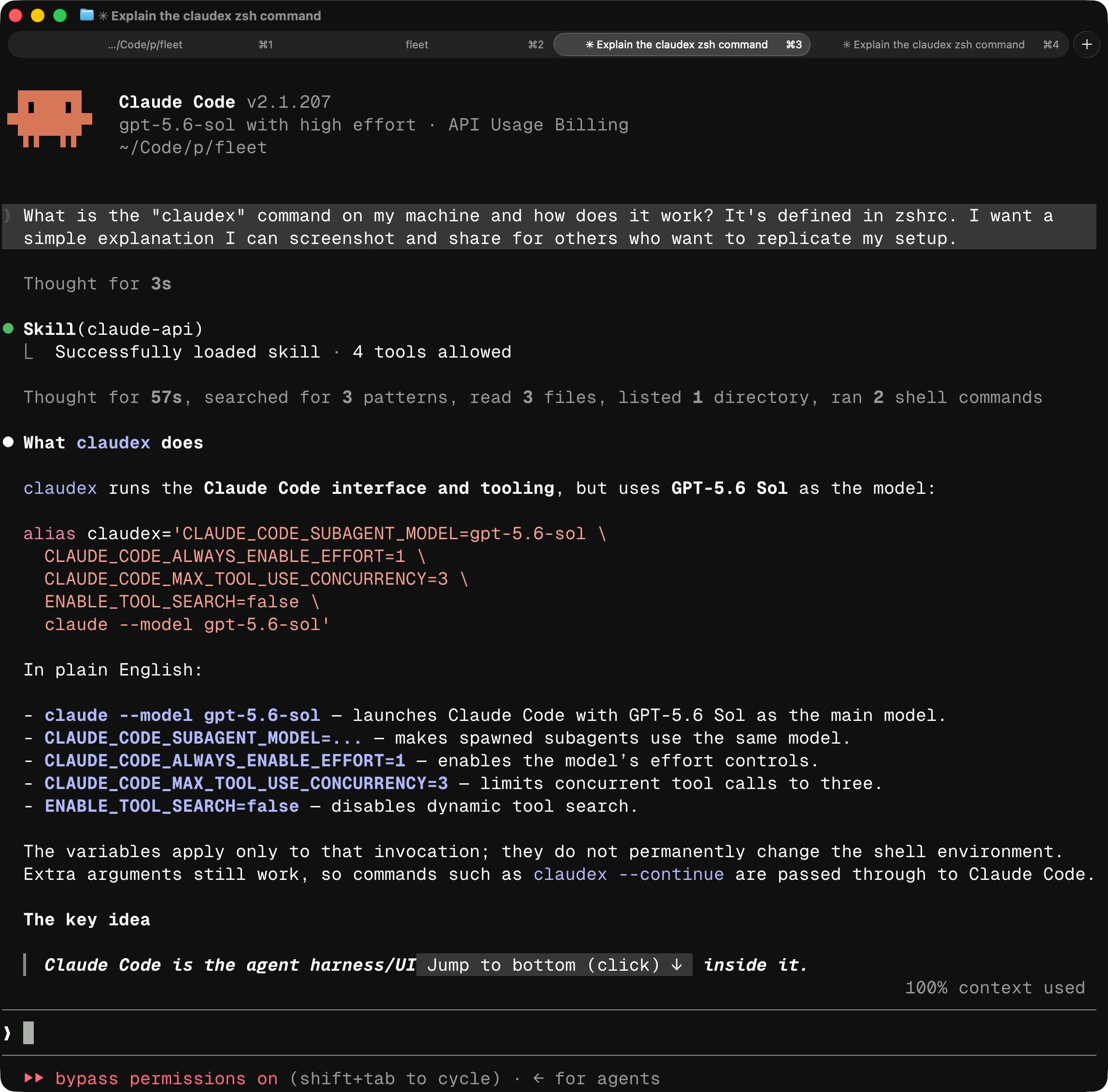 Claude Code v2.1.207 running gpt-5.6-sol, showing the claudex zsh alias and a plain-English breakdown of each variable