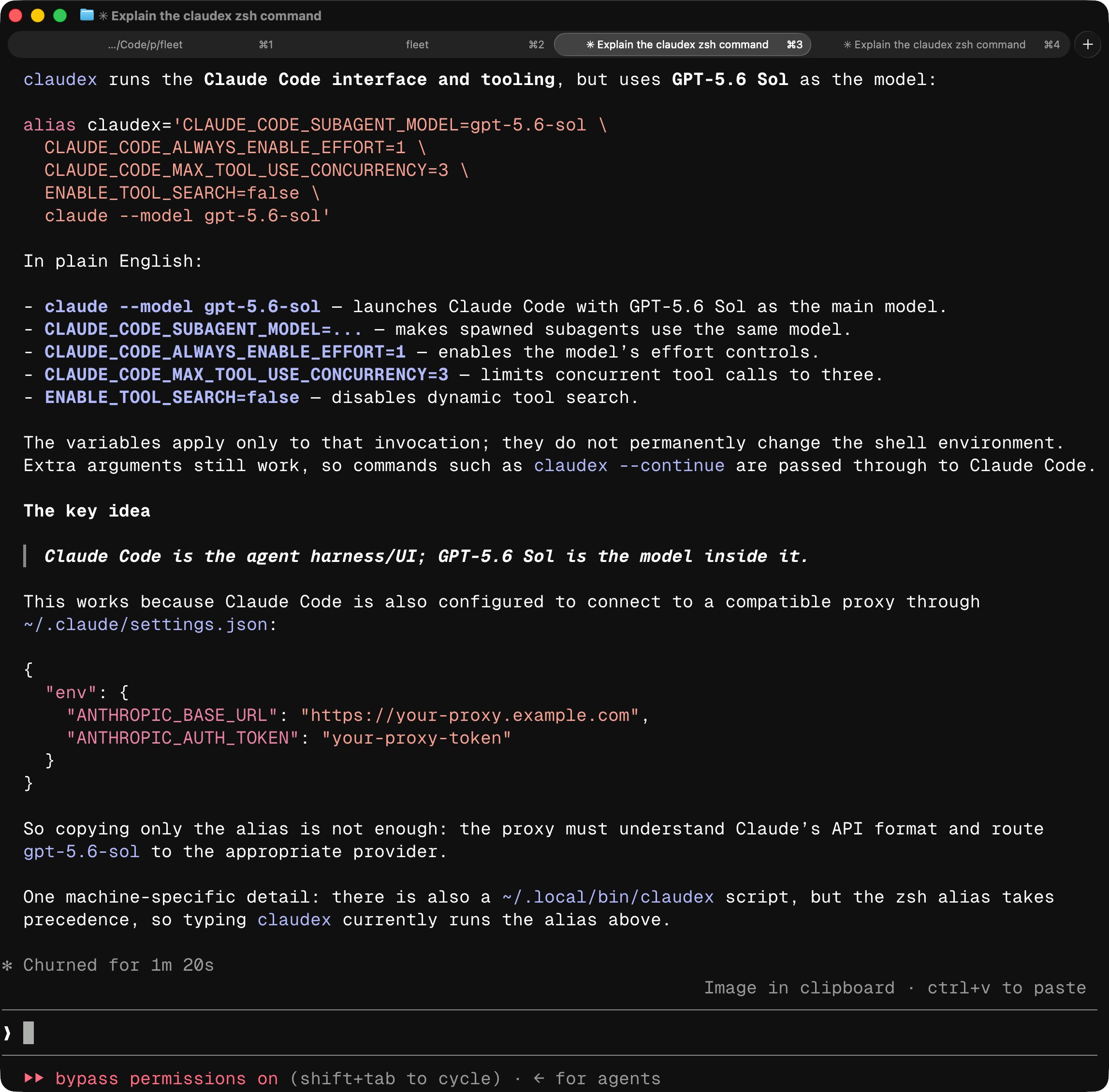 The ~/.claude/settings.json env block with ANTHROPIC_BASE_URL and ANTHROPIC_AUTH_TOKEN that points Claude Code at a GPT-5.6 proxy