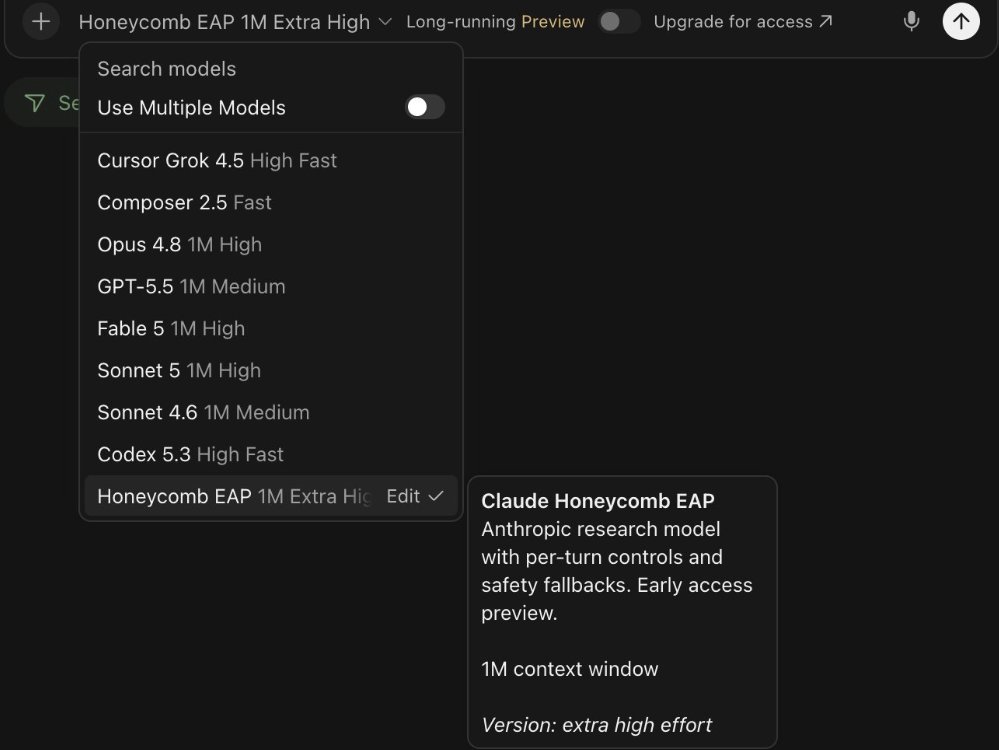 Cursor model picker showing an unannounced Claude Honeycomb EAP model with a 1M context window and extra high effort, listed below Opus 4.8, Fable 5 and Sonnet 5