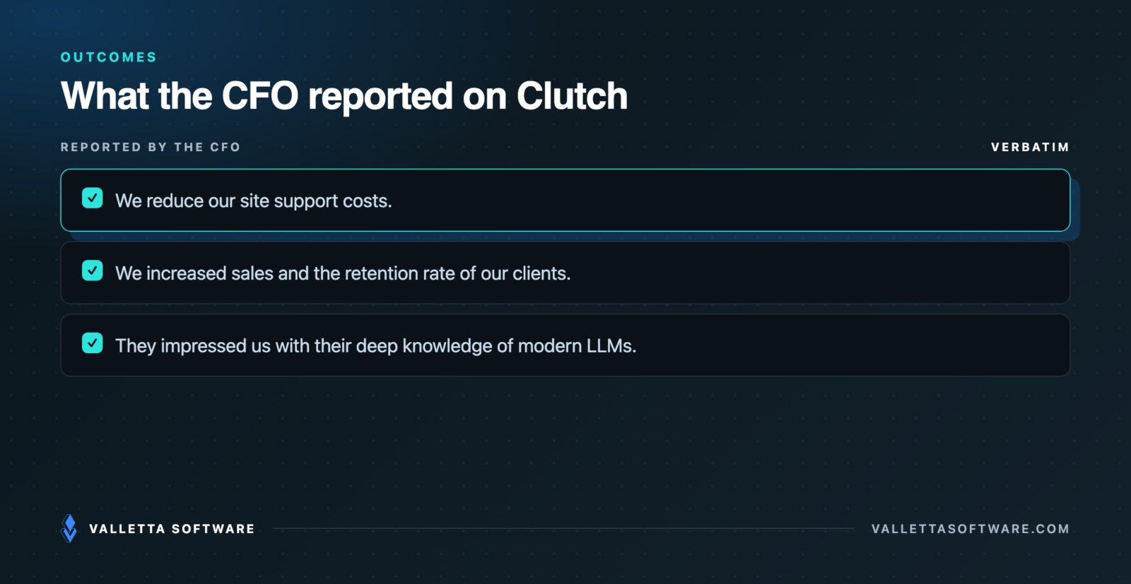Outcomes reported by the CFO on Clutch: reduced site support costs, increased sales, increased client retention; no percentages published